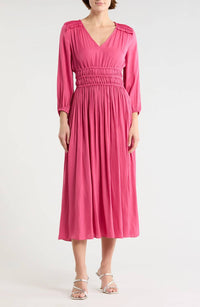 T Tahari - Ruched V Neck 3/4-sleeve Midi Dress
