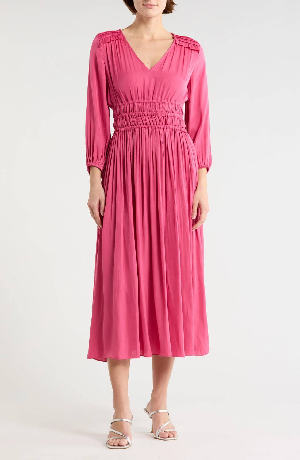T Tahari - Ruched V Neck 3/4-sleeve Midi Dress