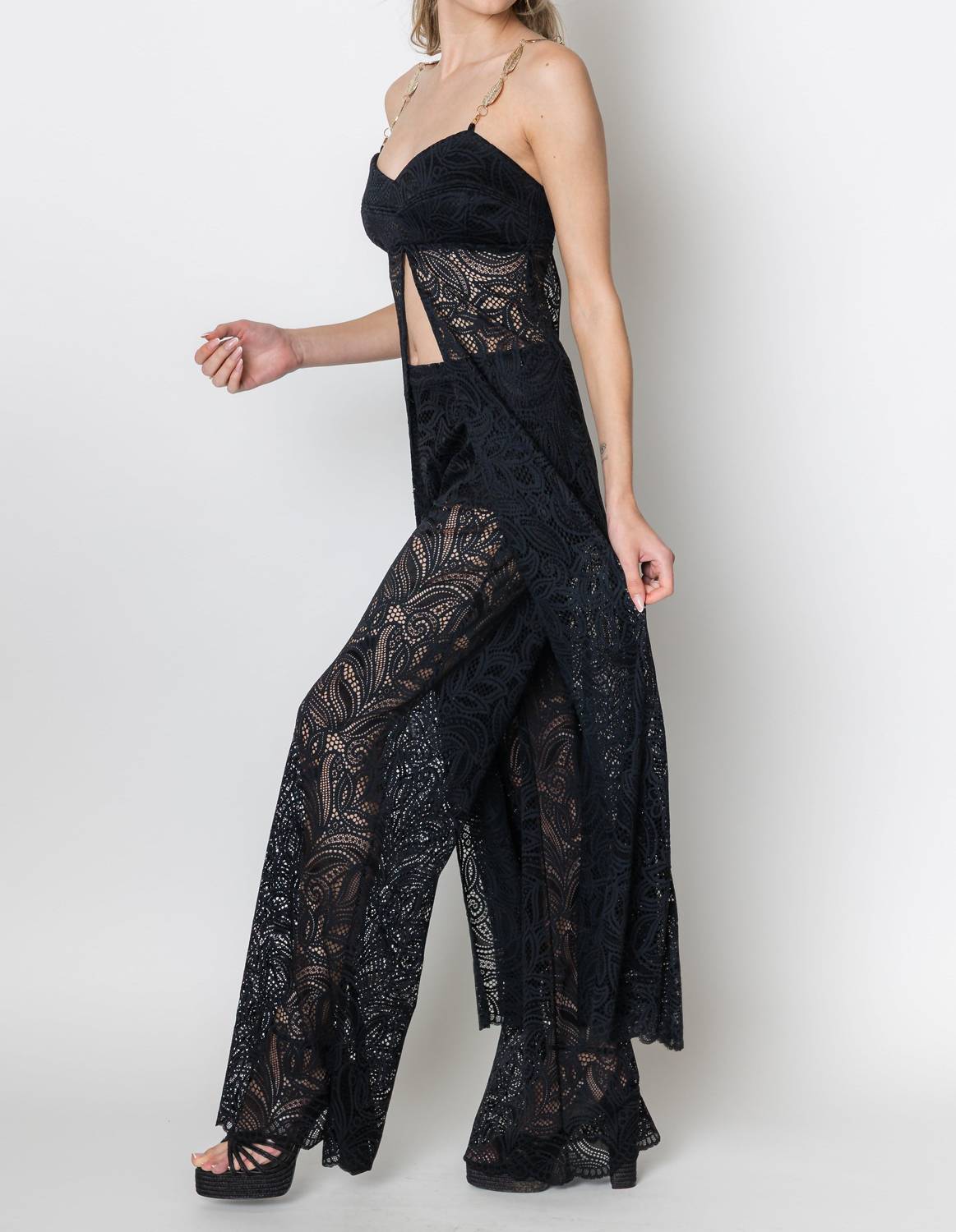ZETAYE Lyric Lace Long Line Chain Top in black - women's blouse - alternate view