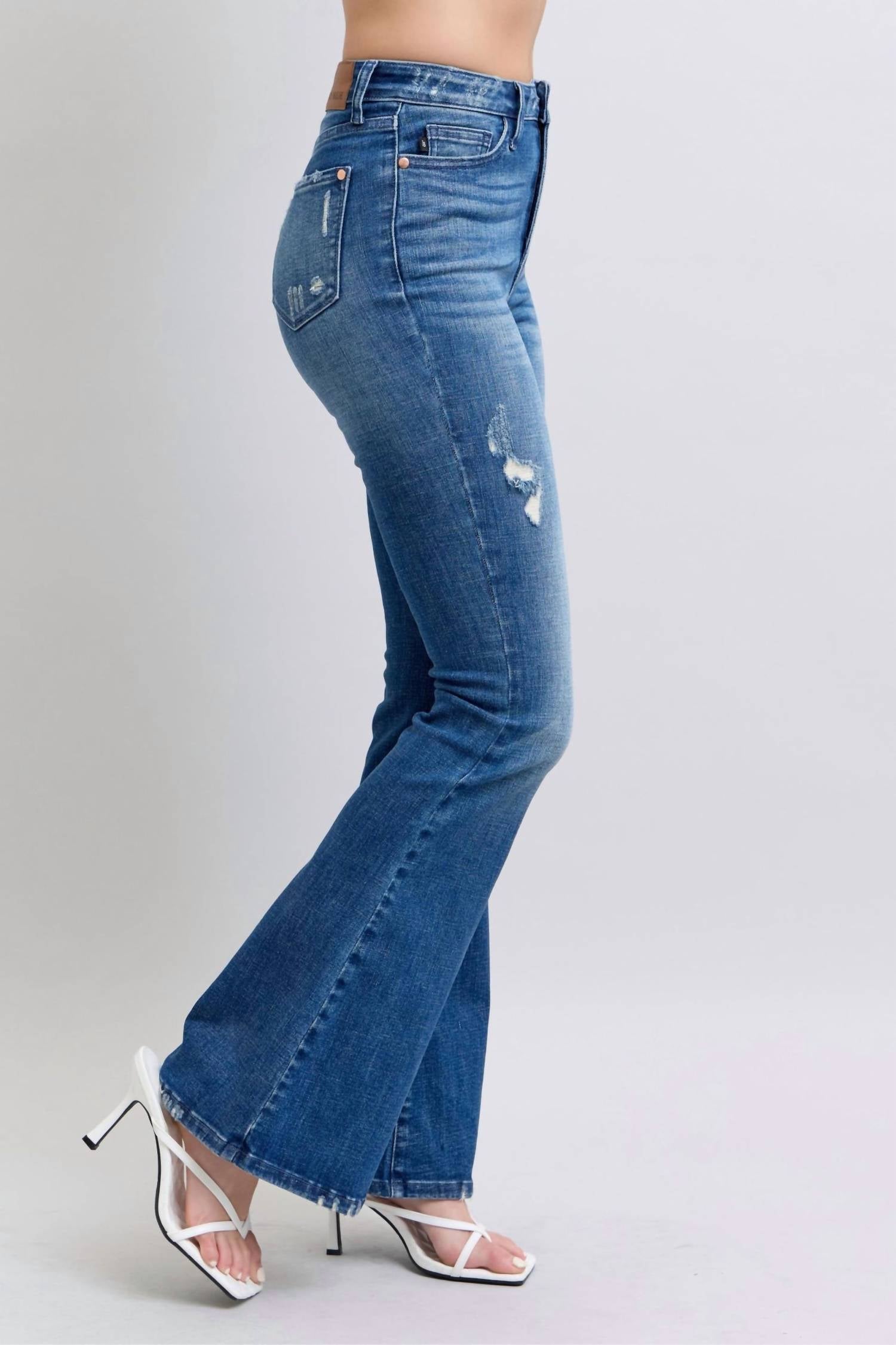 Judy Blue High Rise Contrast Wash Destroy Flare Jeans in blue - women's jeans - alternate view