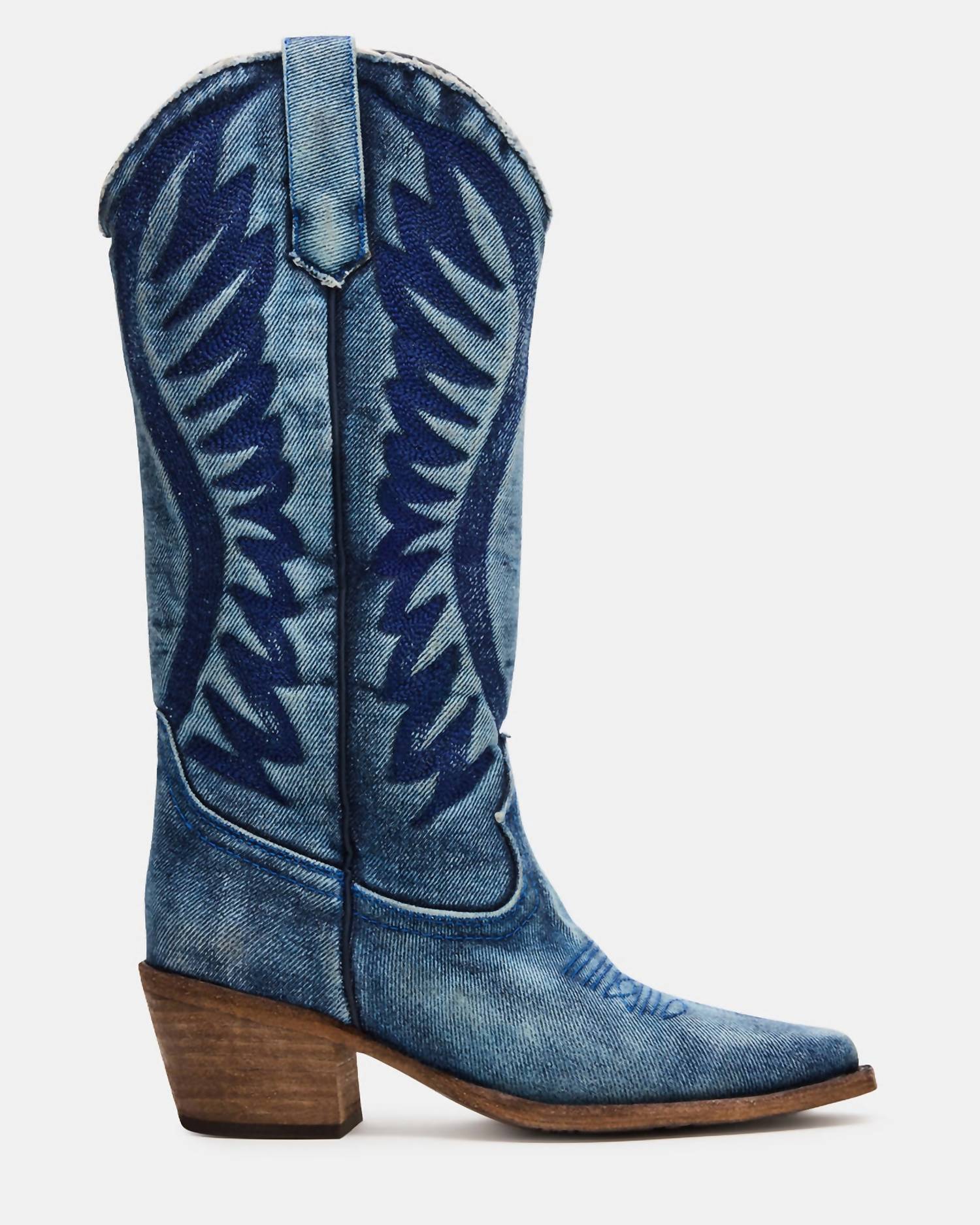 STEVE MADDEN Women's Albany Boots in denim fabric - women's shoe - detail view