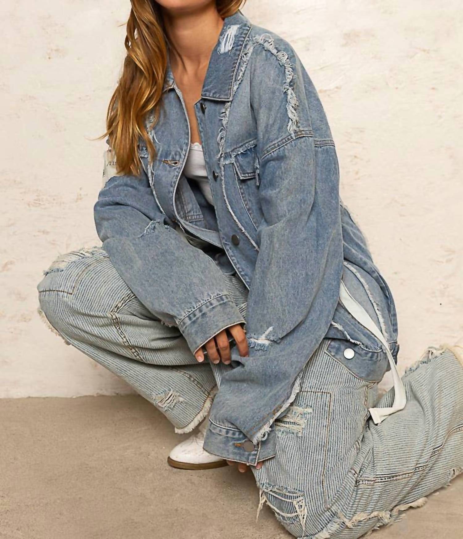 POL Remma Oversize Patch Detail Frayed Edge Jacket in light denim - women's jacket - view 6