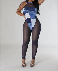 Maypink - Everything & More Mesh Stretchy Sleeveless Color Block Denim Print Jumpsuit