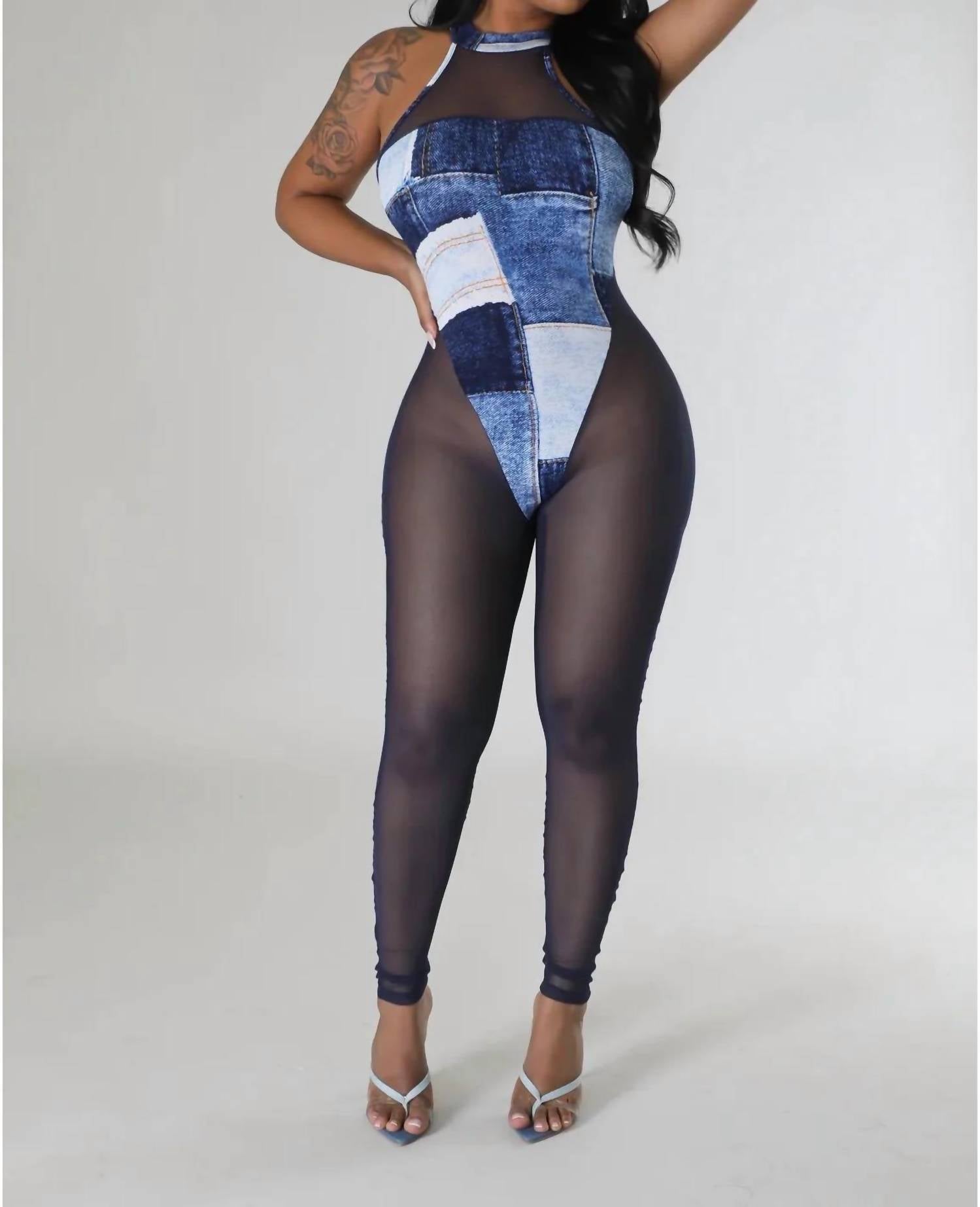 Maypink - Everything & More Mesh Stretchy Sleeveless Color Block Denim Print Jumpsuit