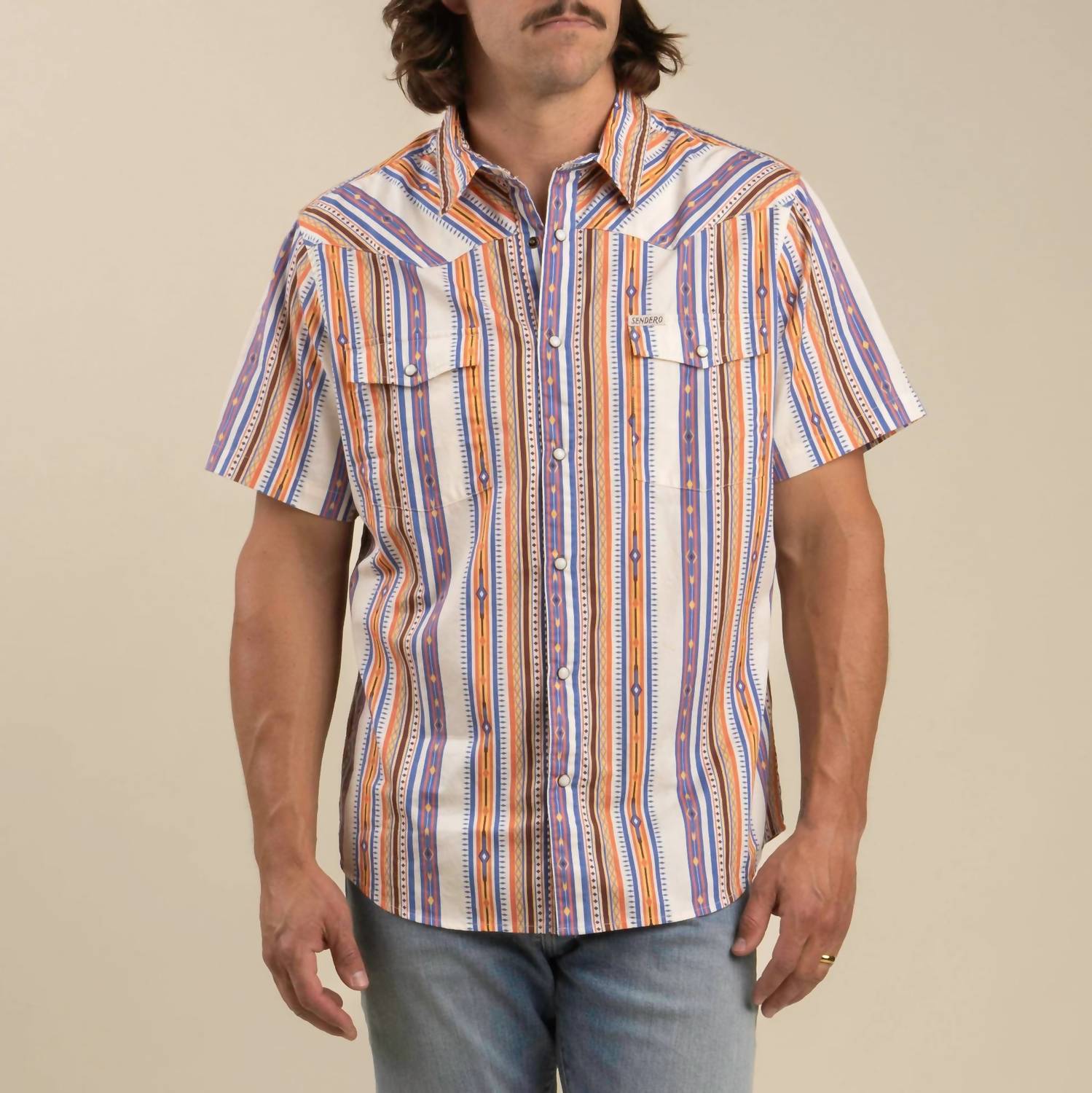 Sendero Provisions Co. Serape Pearl Snap Short Sleeve Shirt in cobalt - men's t-shirt