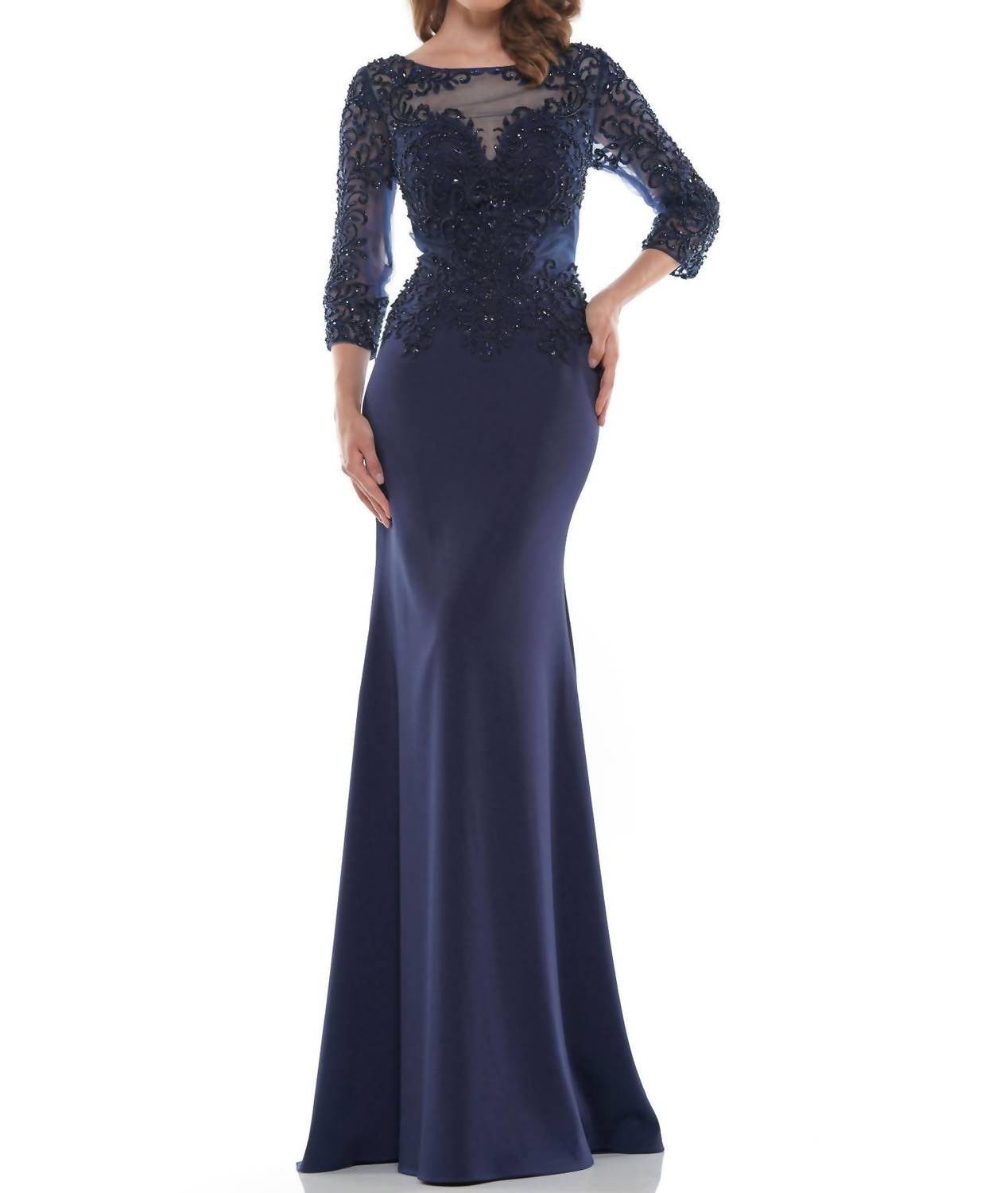 Marsoni by Colors Fit & Flare 3/4 Sleeve Gown in navy - women's dress