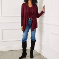 Karen Kane Long Sleeve Ribbed Drape Front Cardigan - Petite in wine - women's cardigan - view 4