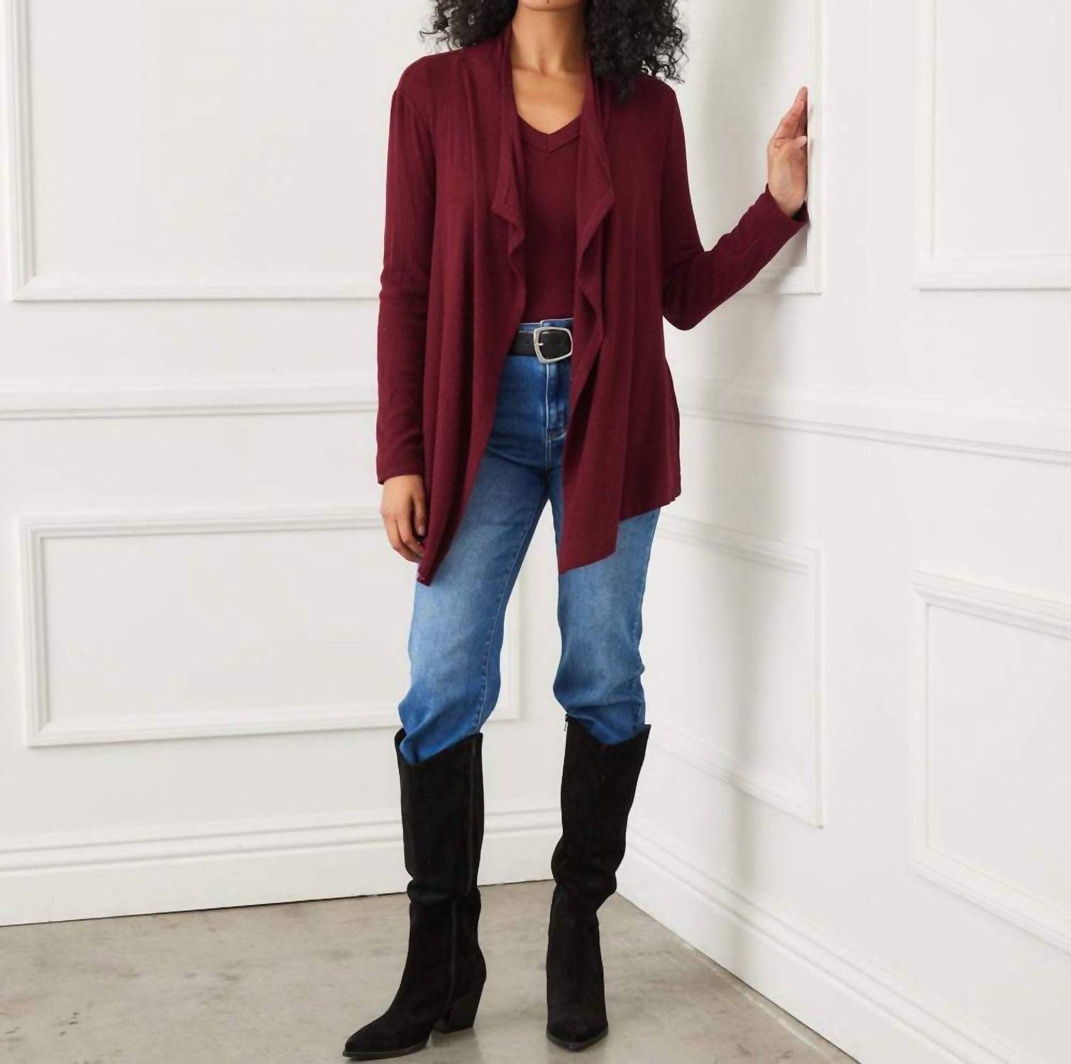 Karen Kane Long Sleeve Ribbed Drape Front Cardigan - Petite in wine - women's cardigan - view 4