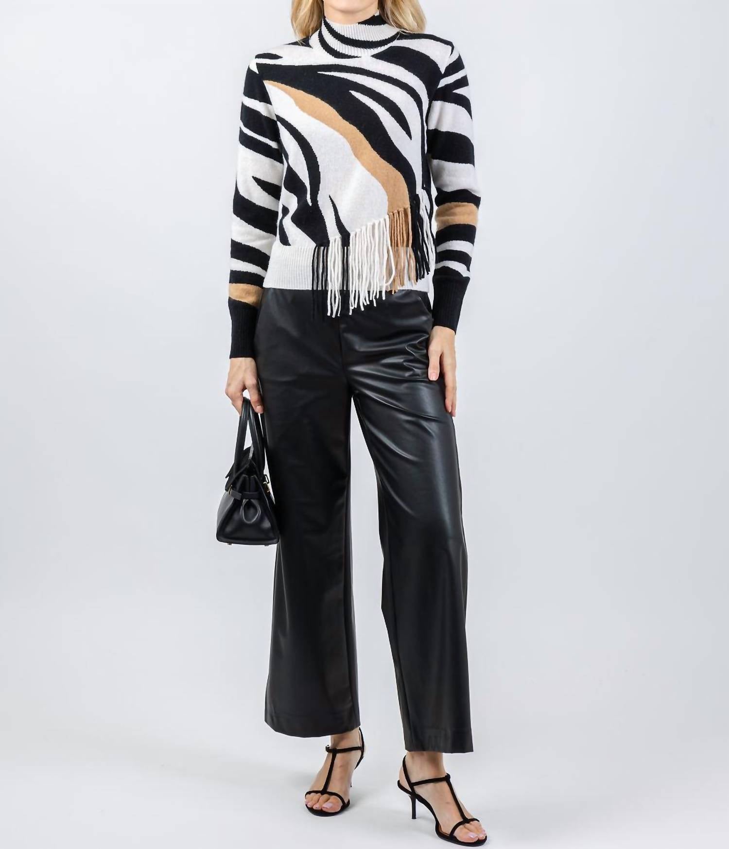 Brodie Cashmere - Zebra Fringe Cashmere Mock Neck Sweater