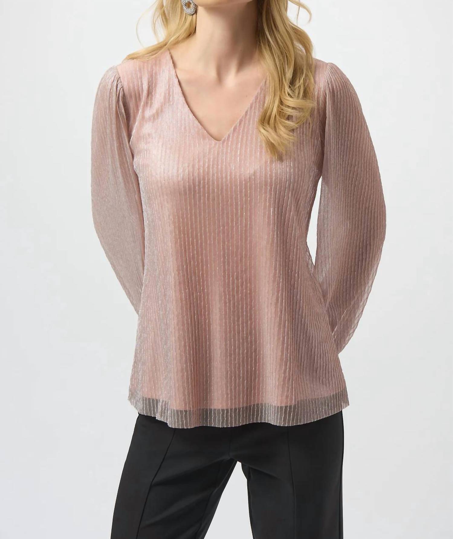 Joseph Ribkoff - V-neck Long Pleated Puff Sleeves Top