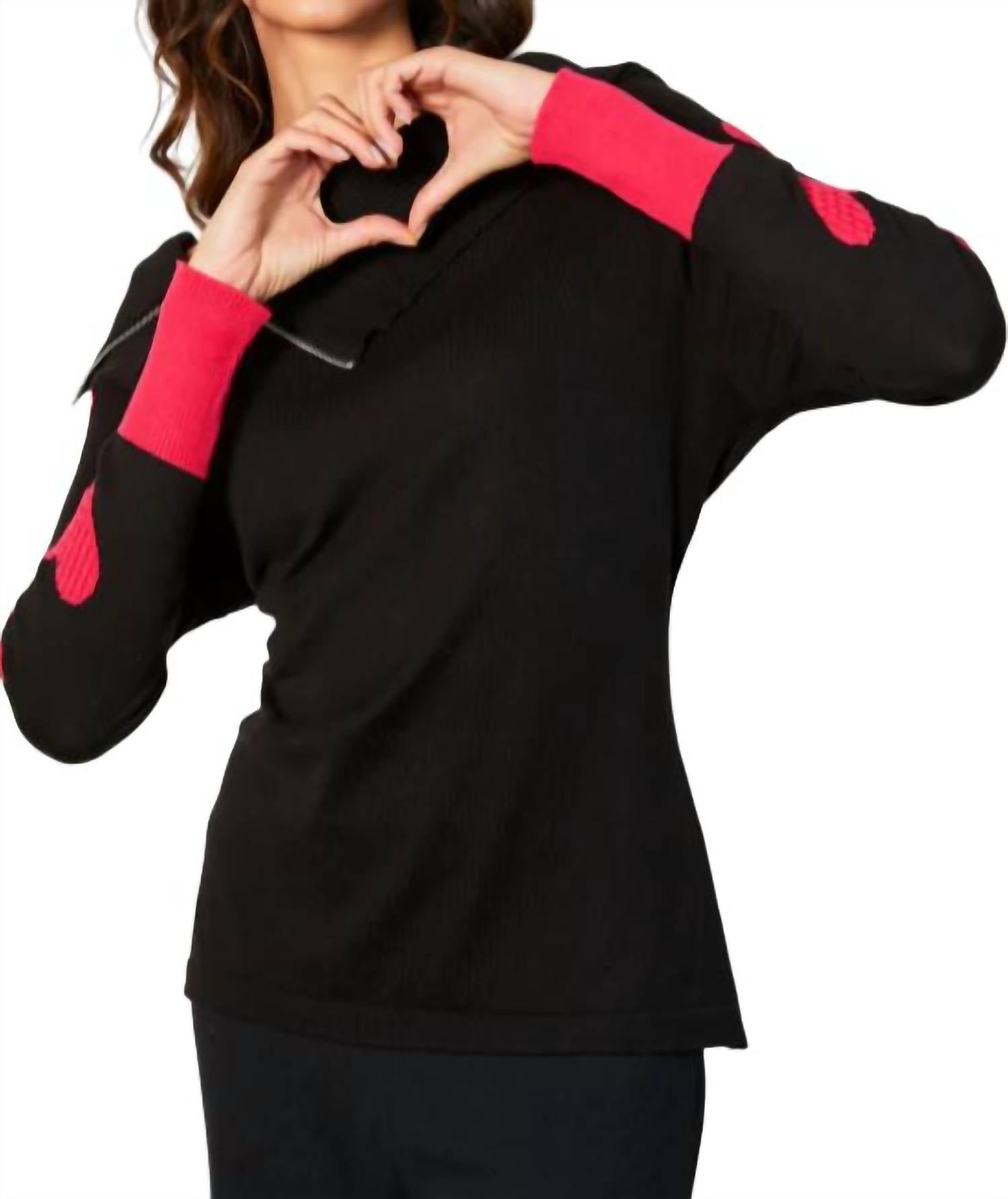 Zip Ribbed Cowl Neck with Heart Detail