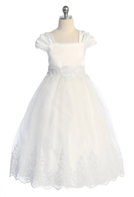 Kid'S Dream - Girls' Embellished Organza Pleated Cap Sleeve Communion Dress