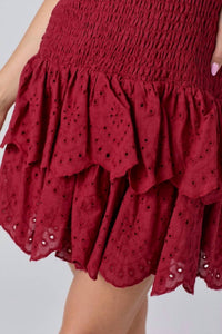 BABY PINK Eyelet Smocked Ruffle Mini Dress in maroon - women's dress - alternate view