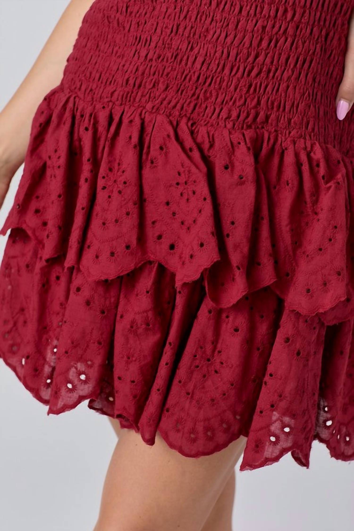 BABY PINK Eyelet Smocked Ruffle Mini Dress in maroon - women's dress - alternate view
