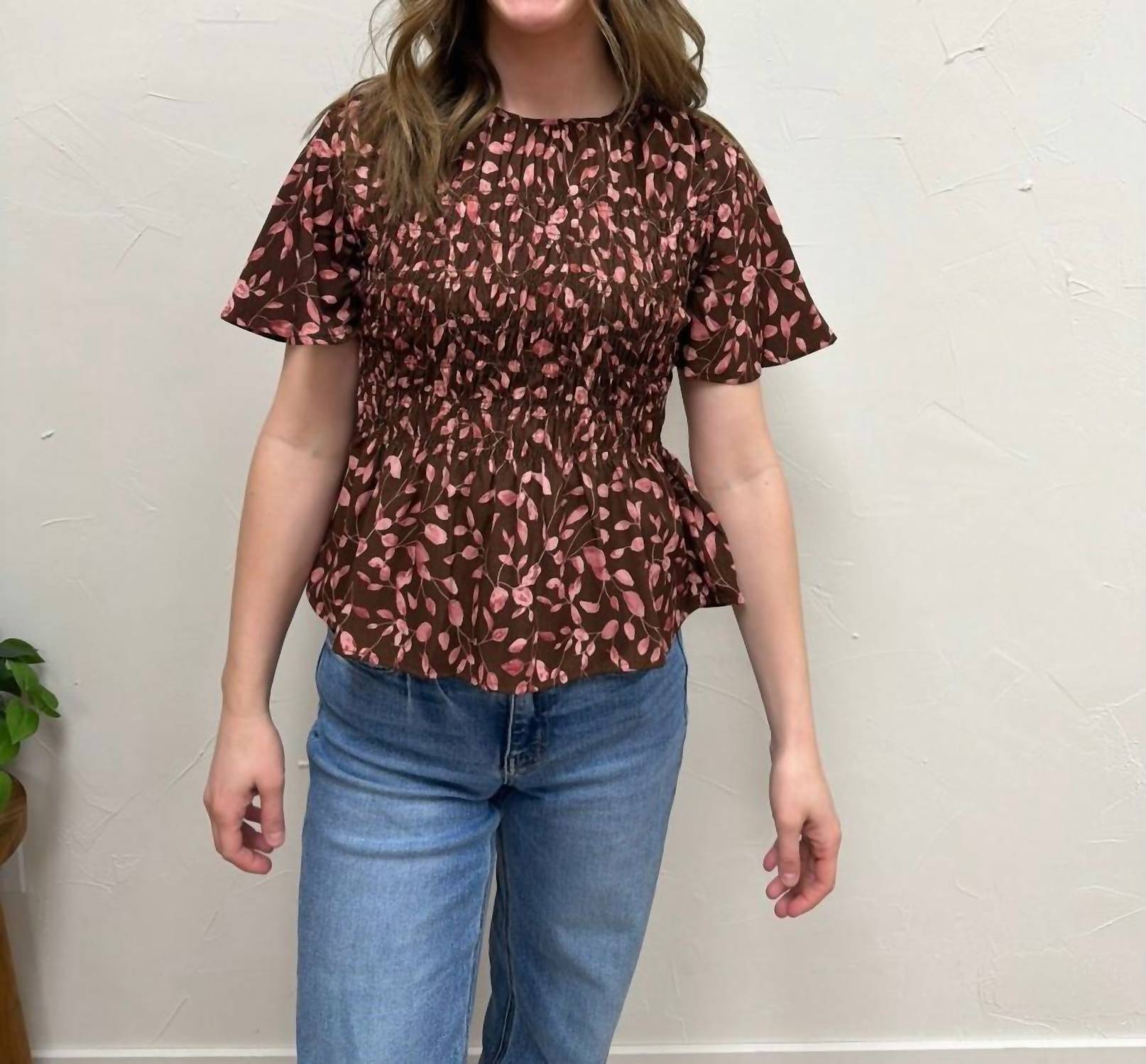WISHLIST Floral Smocked Peplum Blouse in espresso rose - women's blouse - detail view