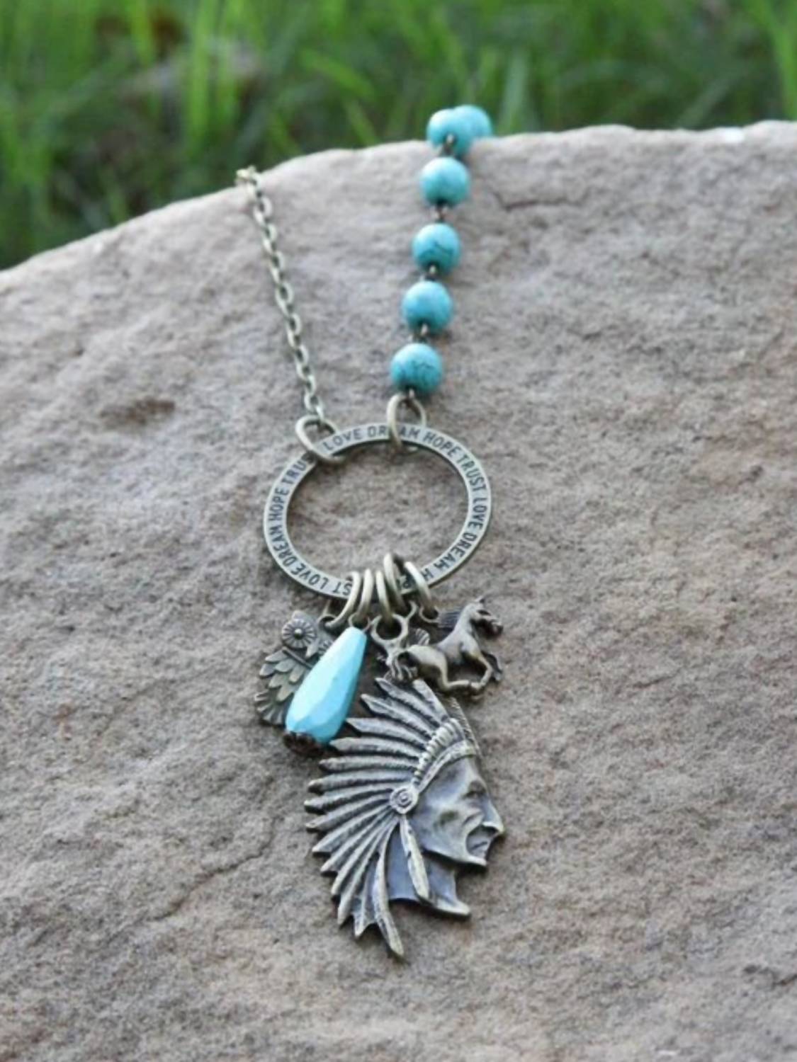 Pink Panache Women's Inspirational Ring With Indian Charm Necklace in turquoise - women's jewelry