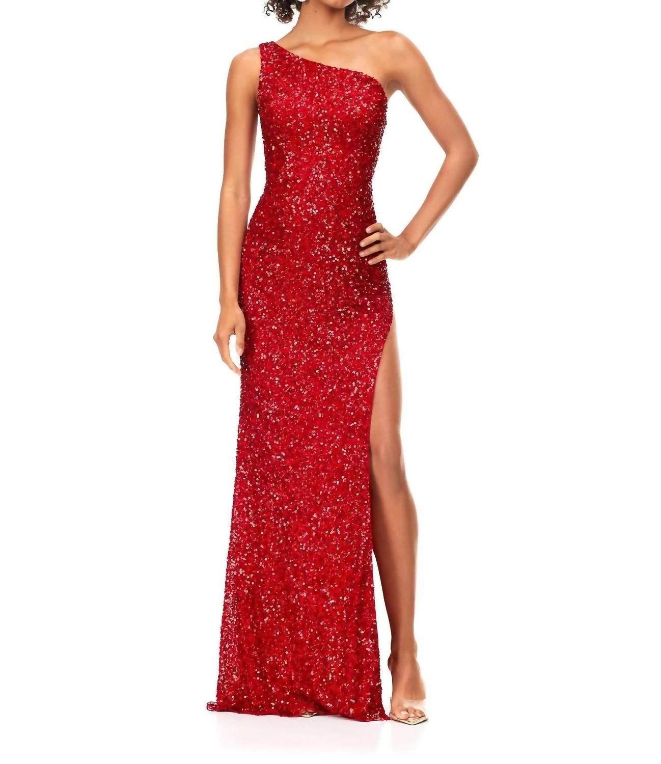 ASHLEYlauren One Shoulder Keyhole Back Sequin Gown in electric red - women's dress