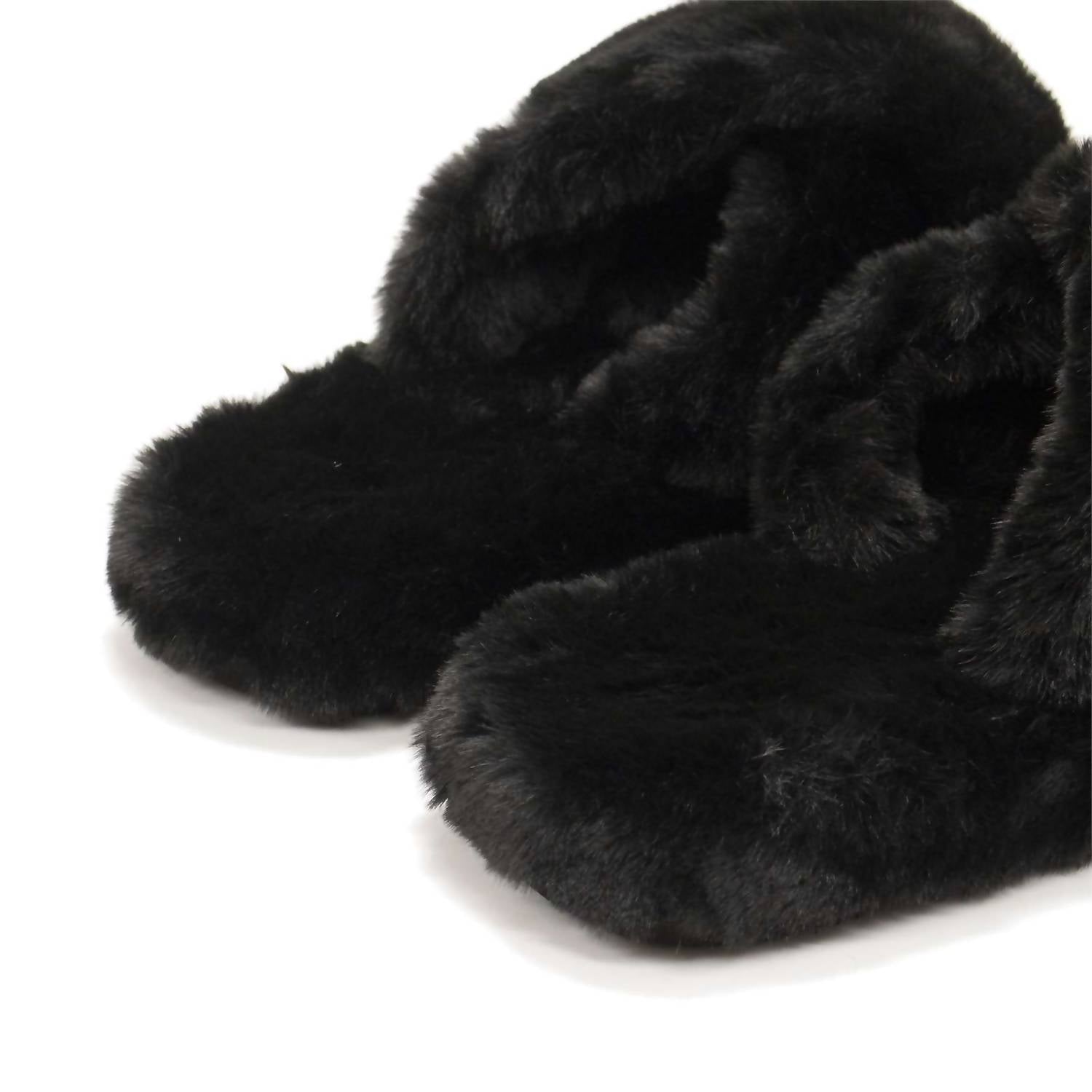 HUNTER Women's Faux Fur Flatform Crossover Slides in black - women's shoe - view 5