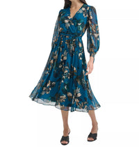 CALVIN KLEIN Printed Long-sleeve A-line Dress in teal - women's dress - alternate view