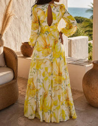 Surelymine - Floral Maxi Dress With Long Sleeves And Open Back