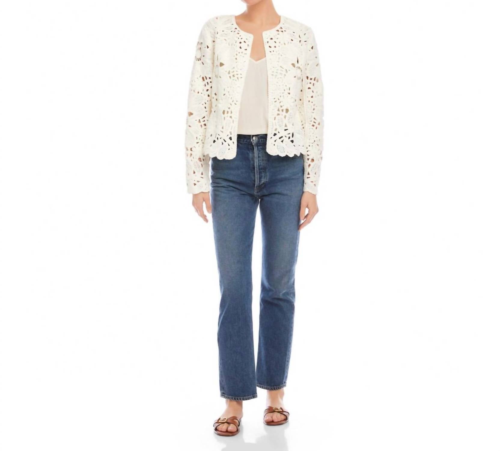 Fifteen Twenty Emery Crochet Jacket in cream - women's cardigan - detail view