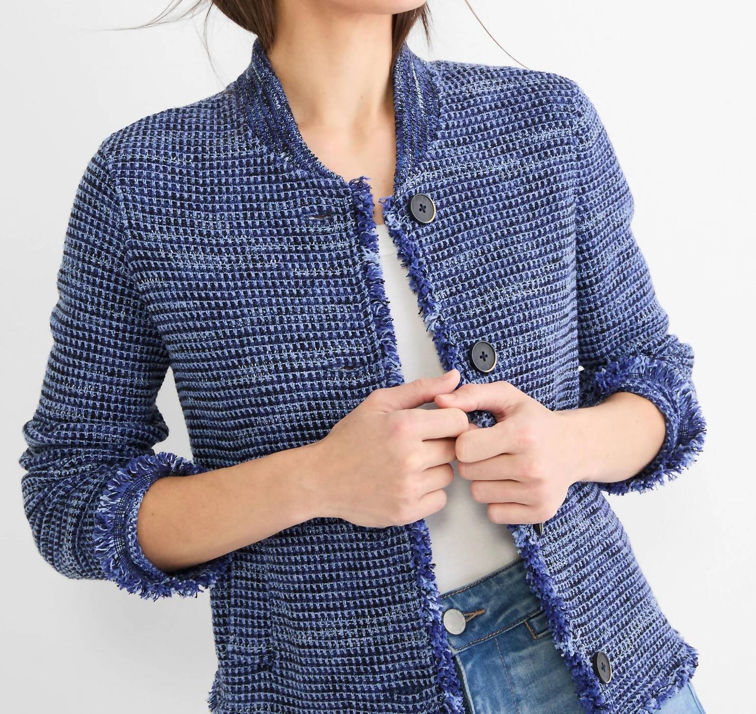 Nic + Zoe Fringe Knit Bomber Jacket in blue mix - women's jacket