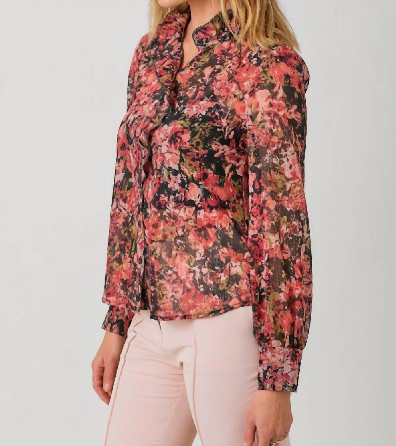 Mystree - Ruffle Neck Button Down Blouse