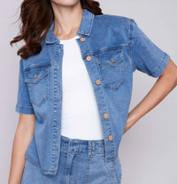 CHARLIE B Short Sleeve Cargo Jacket in chambray - women's jacket - detail view