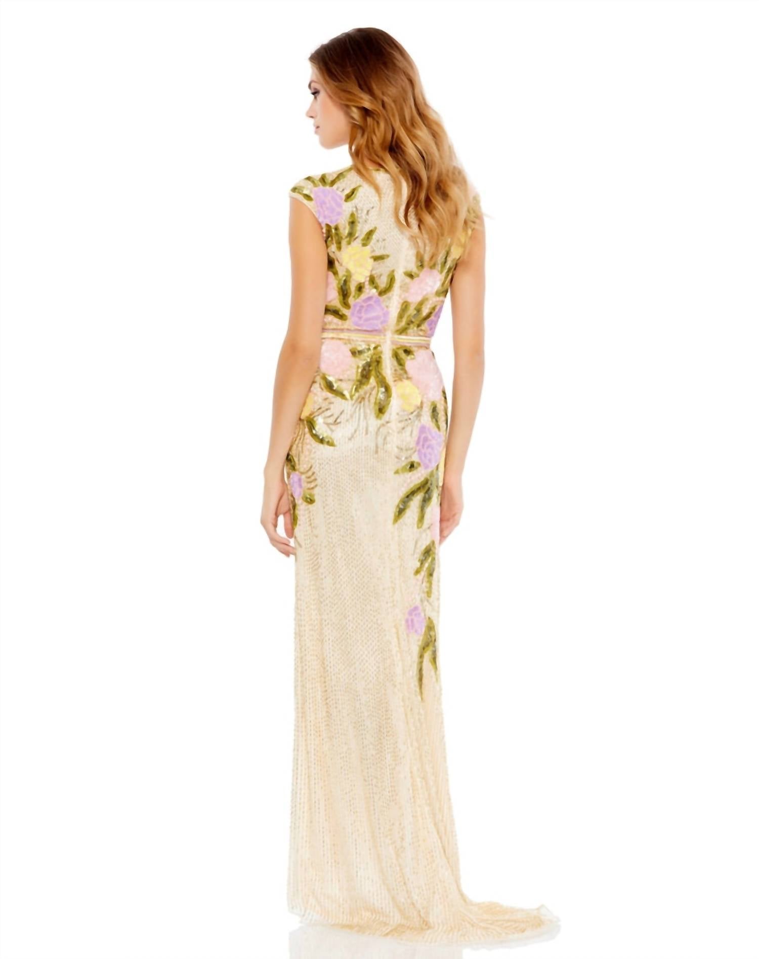 Mac Duggal - Floral Embellished Beaded Front Slit Gown