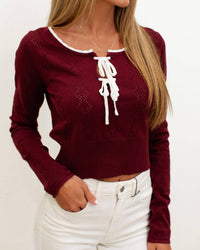 Blue Blush - Front Bows Pointelle Sweater Crop Top