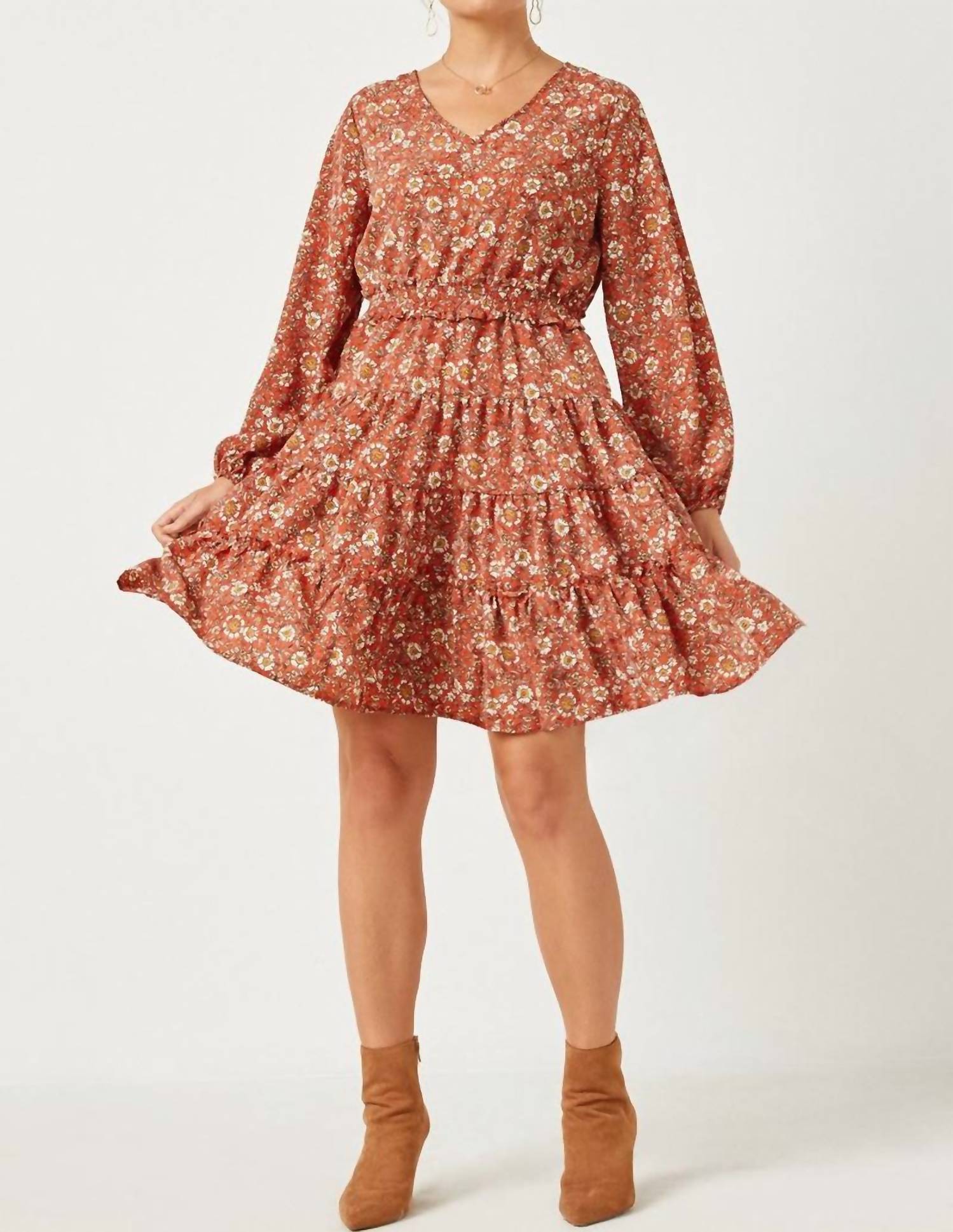 Hayden La - Smocked Waist Ruffle Tiered V-neck Dress