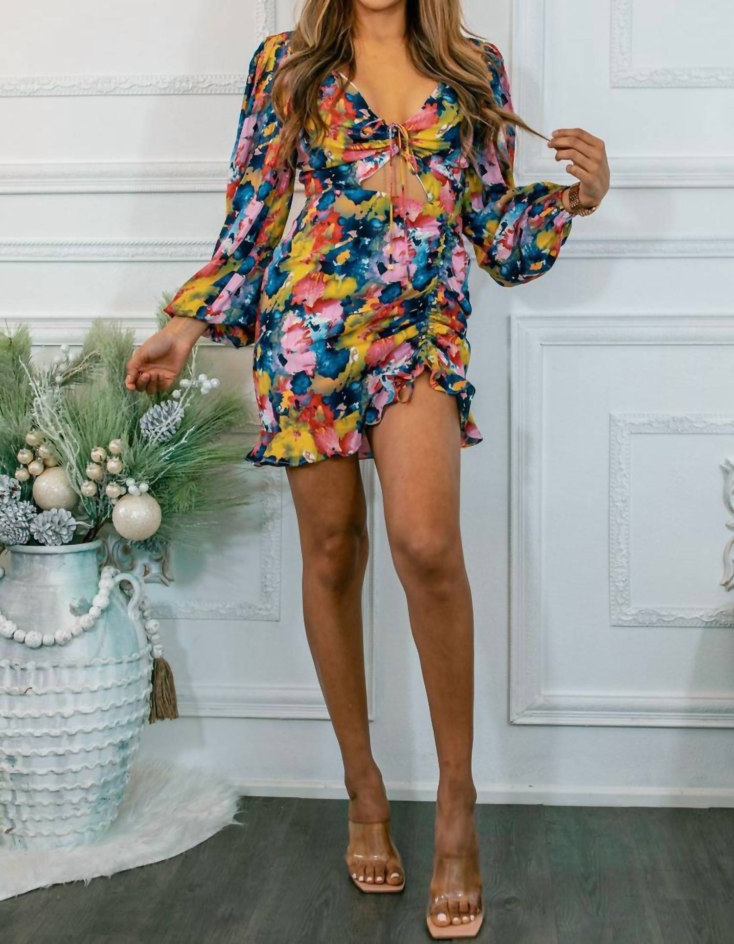 Surelymine - Work of Art Bubble Sleeves Cinched Mini Dress