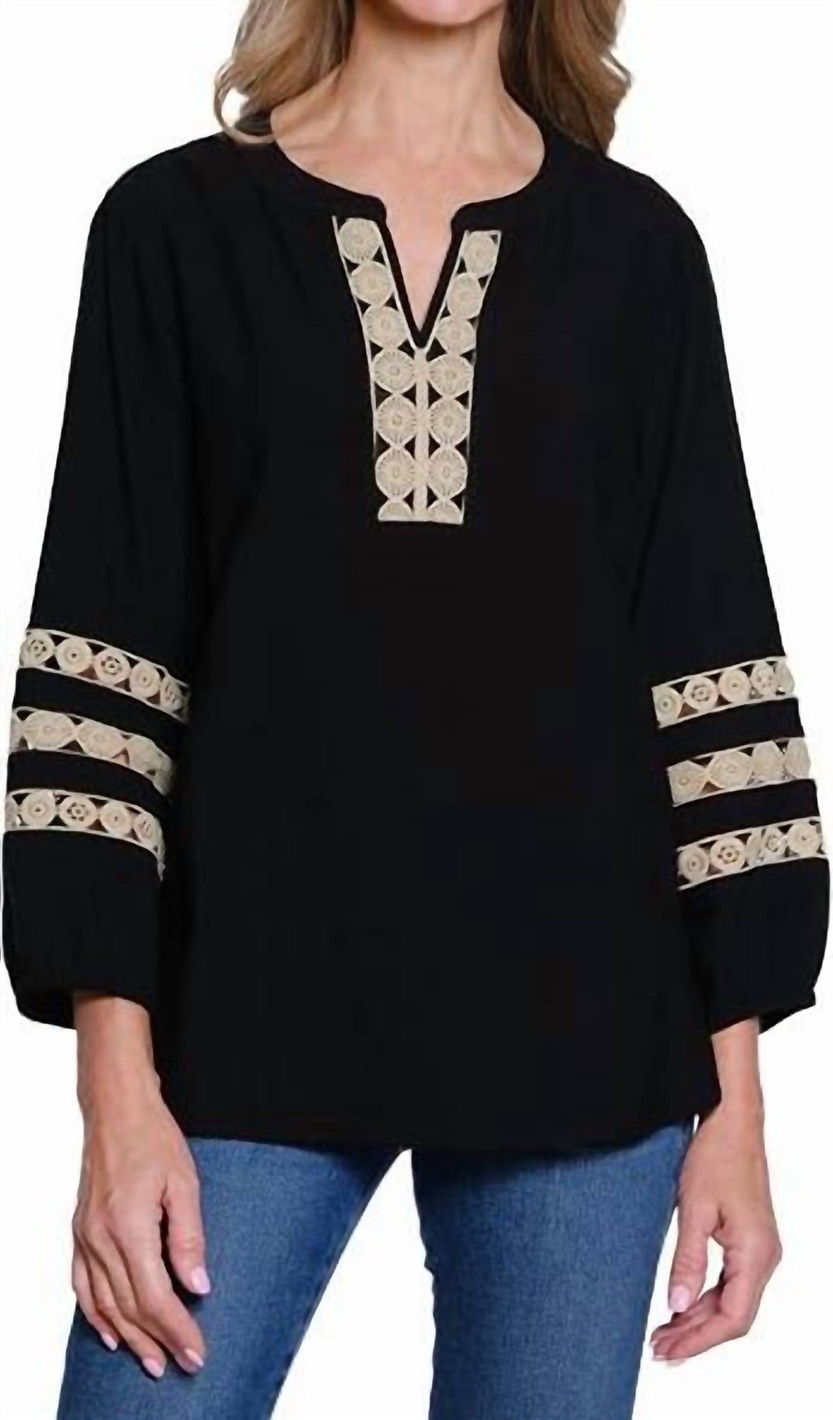 Multiples - 3/4 Sleeve Band Neck Notch Neck Top