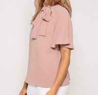 Timing Laya Ribbon Tie Neck Short-sleeve Blouse in taupe - women's blouse - alternate view