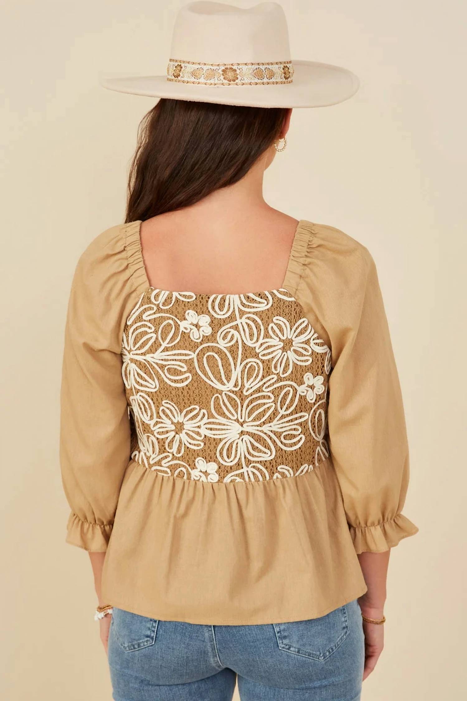 Hayden La - Floral Embroidered Mixed Media Peplum Top