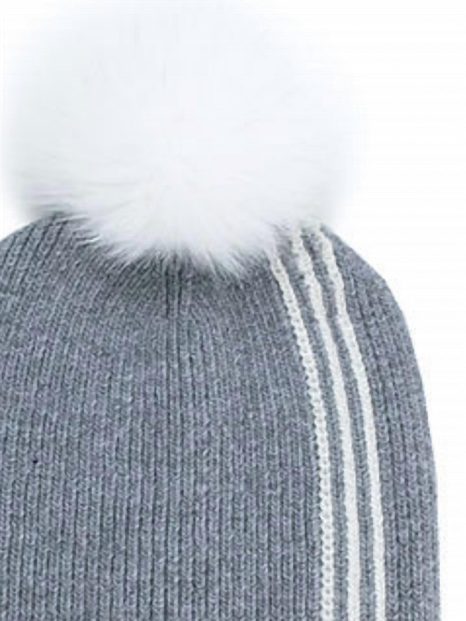 Mitchie'S Matchings - Women's Winter Beanie With Racer Stripe & Fox Fur Pom Pom
