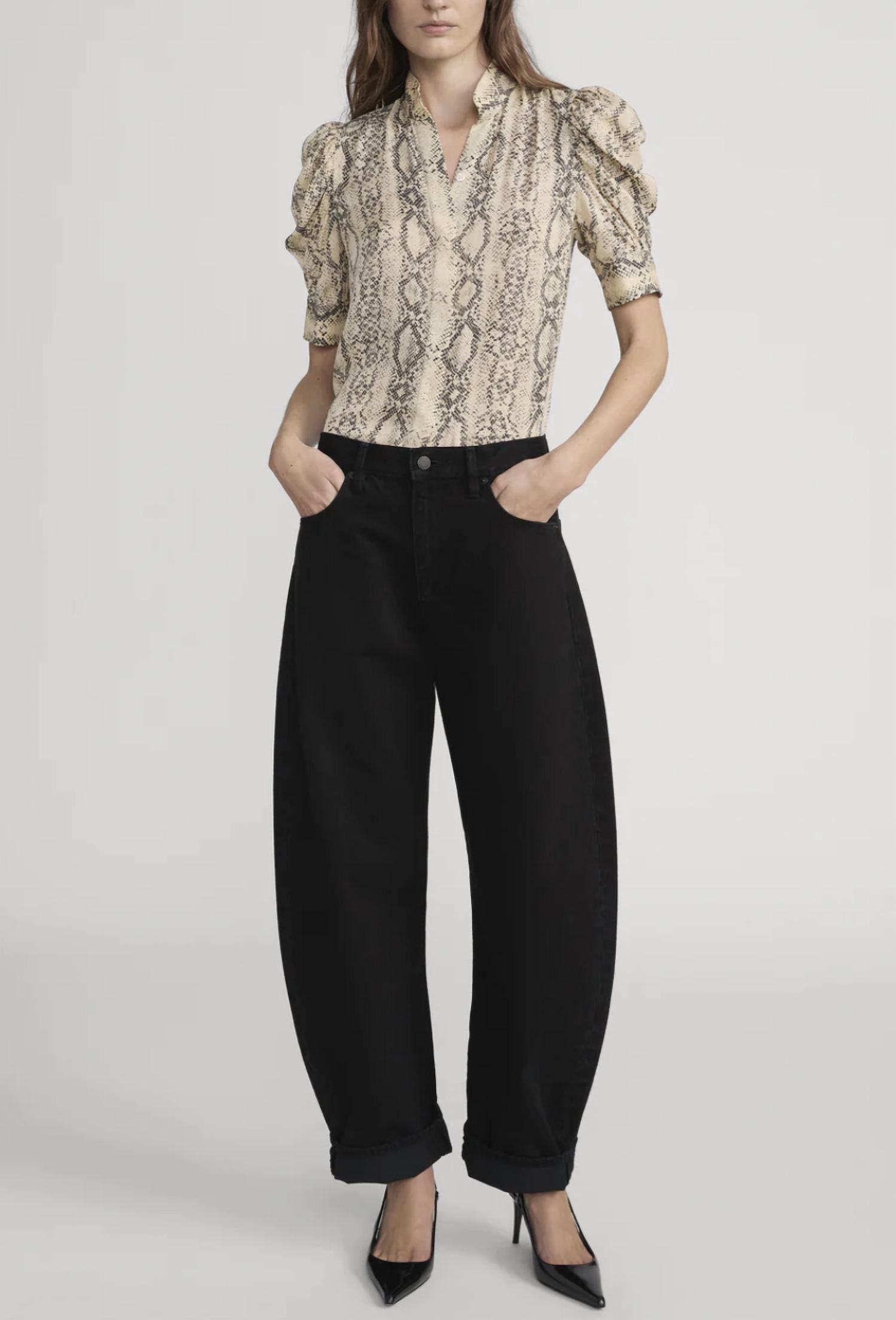 FRAME Snake Gillian Short Sleeve Top in camel multi 1 - women's blouse