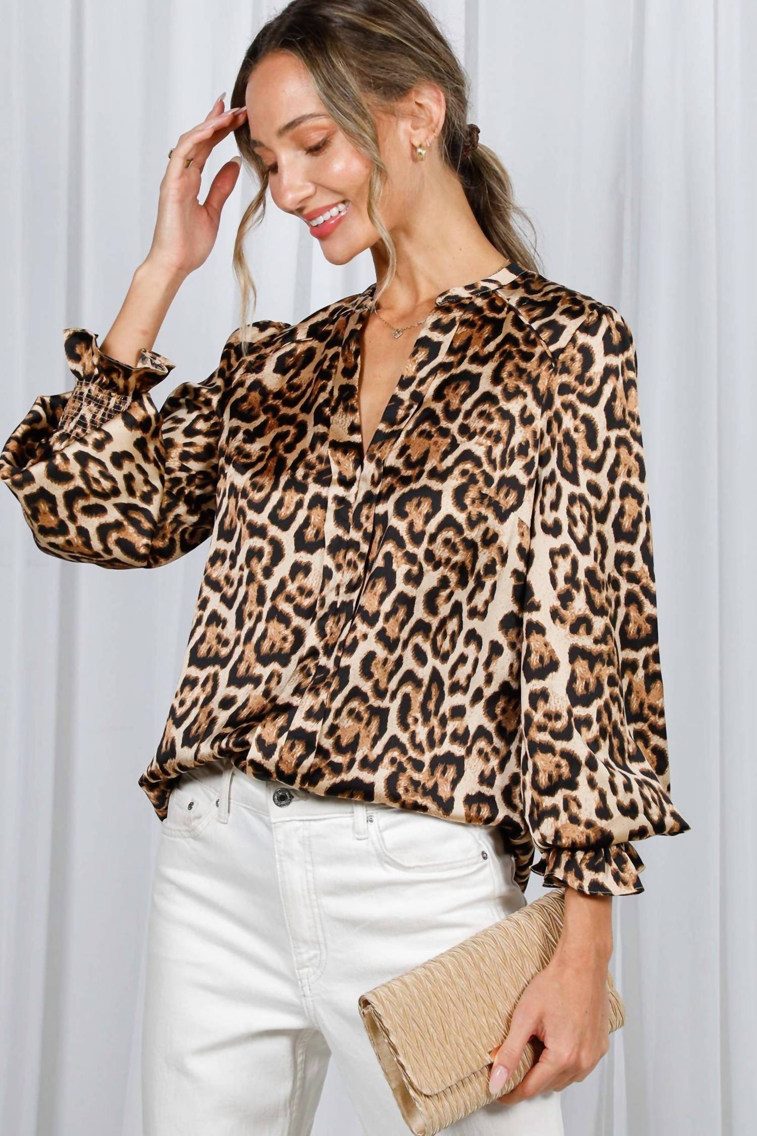 Vine & Love - Henley Leopard Print Blouse