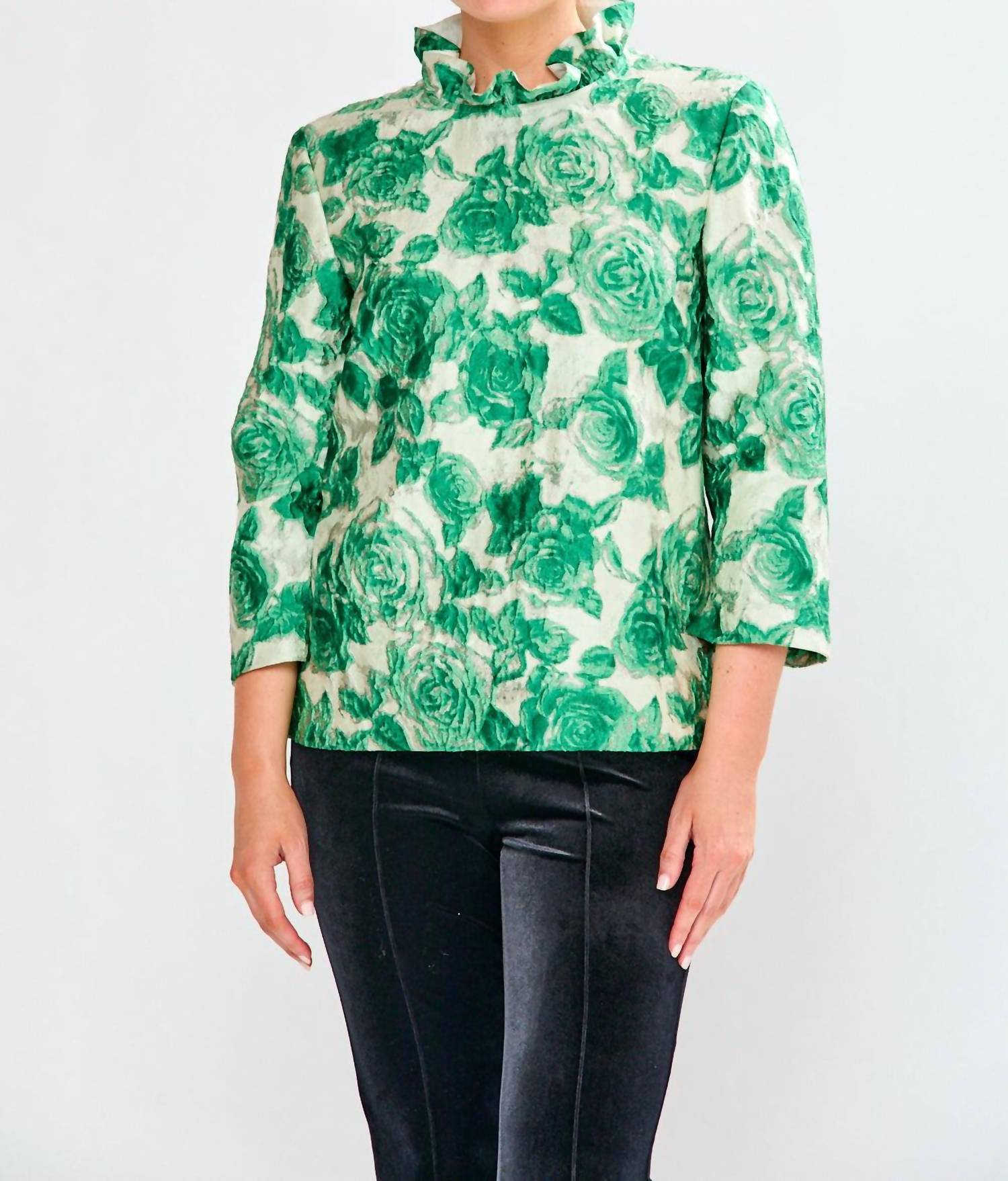 SARA CAMPBELL Finch A-line Blouse in green roses - women's blouse
