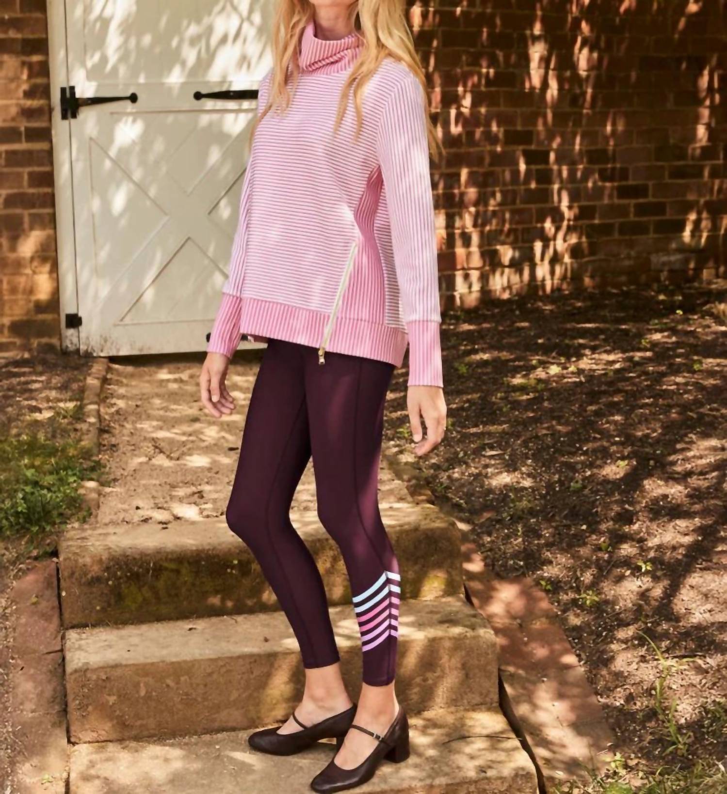 ADDISON BAY Polished Double Knit Zip Everyday Pullover Sweater in super white rose stripe - women's sweater - detail view