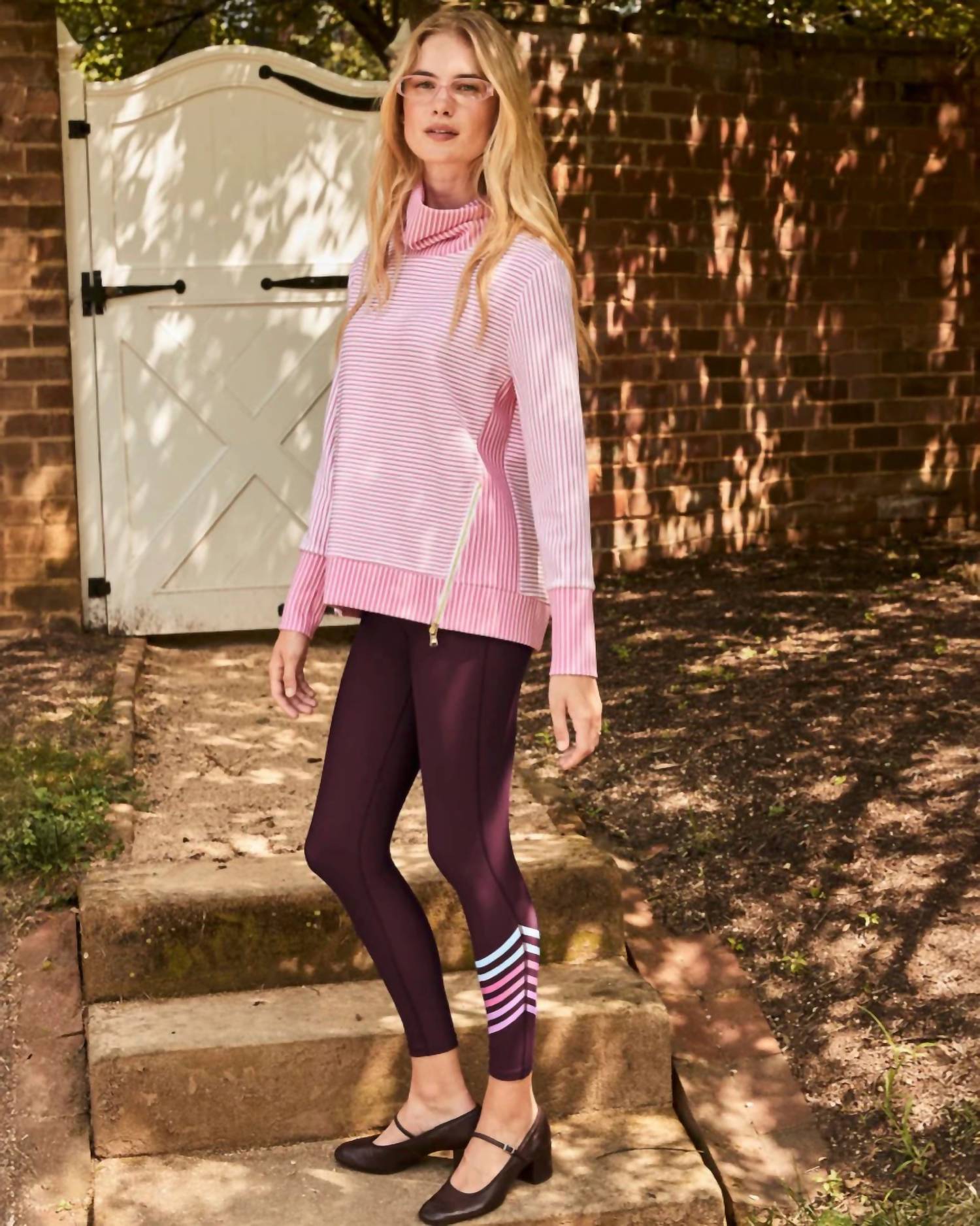 ADDISON BAY Polished Double Knit Zip Everyday Pullover Sweater in super white rose stripe - women's sweater - alternate view