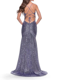 La Femme Sequin Lace Up Gown in lavender - women's dress - detail view