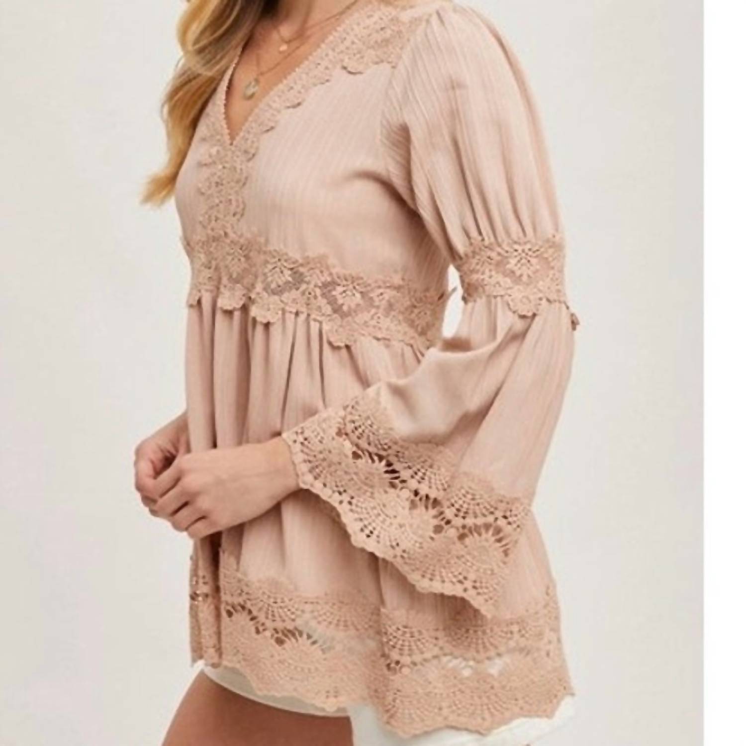 Bluivy - Lace Trimmed Bell Sleeve V-neck Blouse