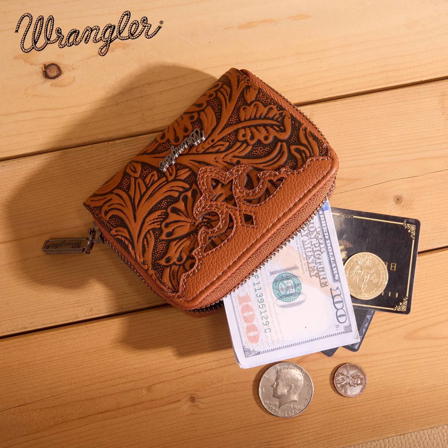 Wrangler Tooled Zip-Around Wallet in brown - women's bag