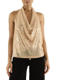 Ramy Brook Alice Beaded Sequin Cowl Neck Halter Top in gold - women's blouse