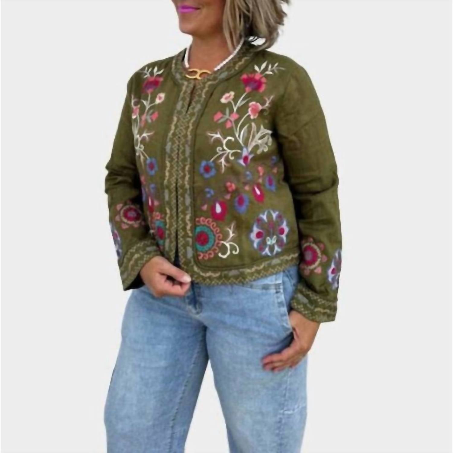 Johnny Was GLORIA LINEN BOLERO JACKET in martini olive - women's jacket