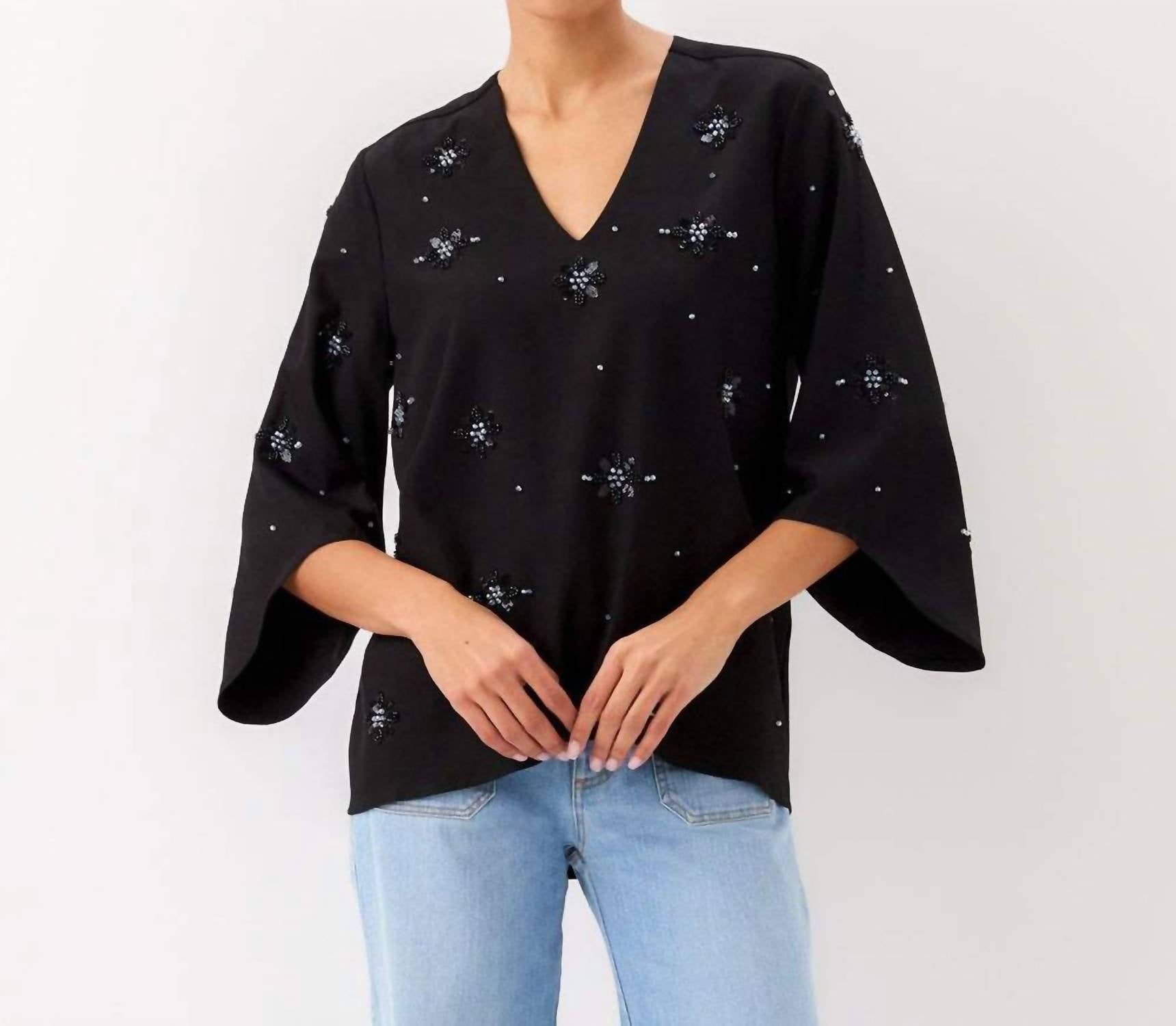 Karen Kane - Bracelet Sleeve Embellished Asymmetric Top - Petite