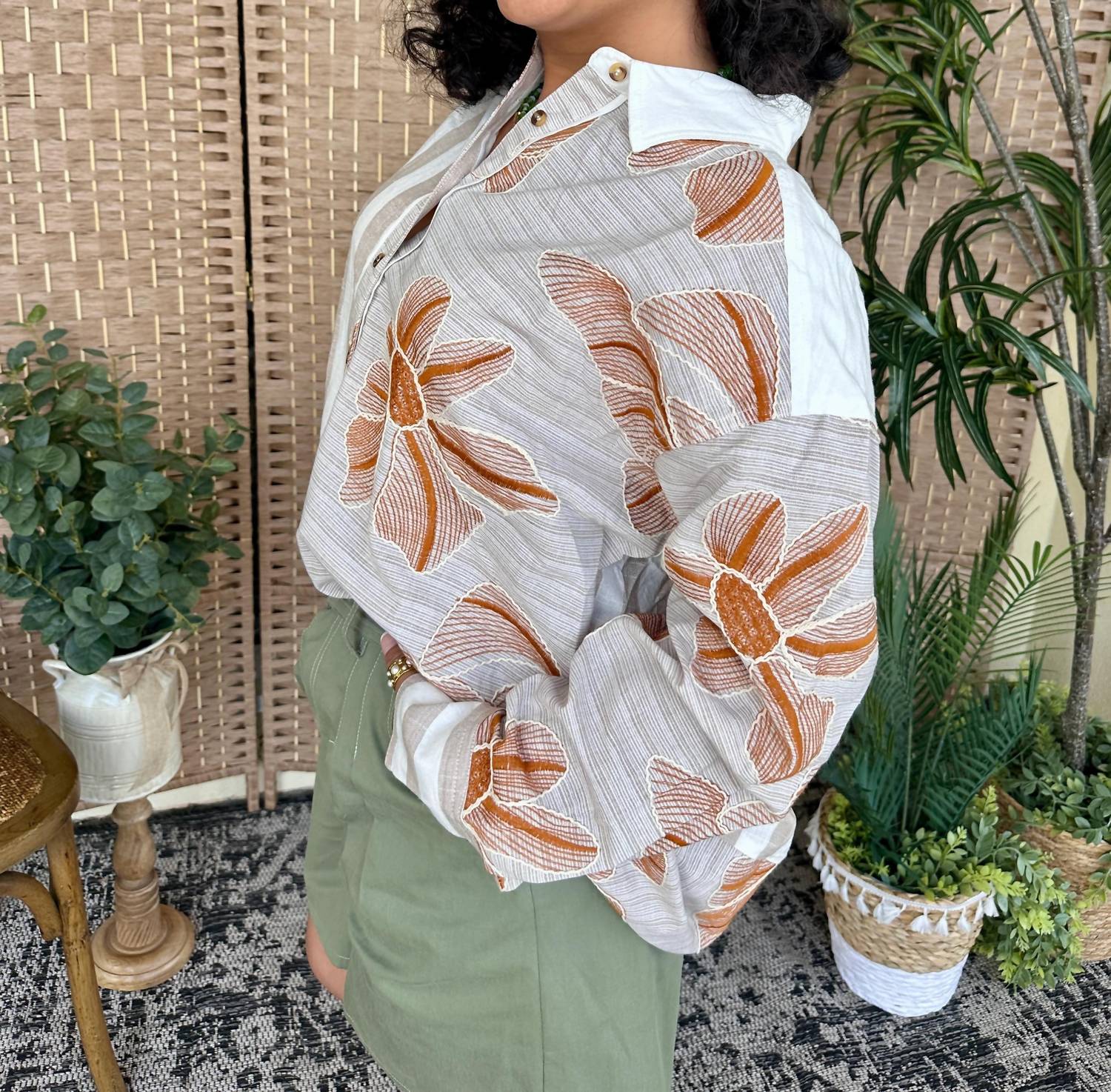 Sew In Love - Button-down Floral And Stripe Printed Top