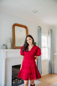 Karlie - Solid Lace Trim V-neck Puff Sleeve Dress