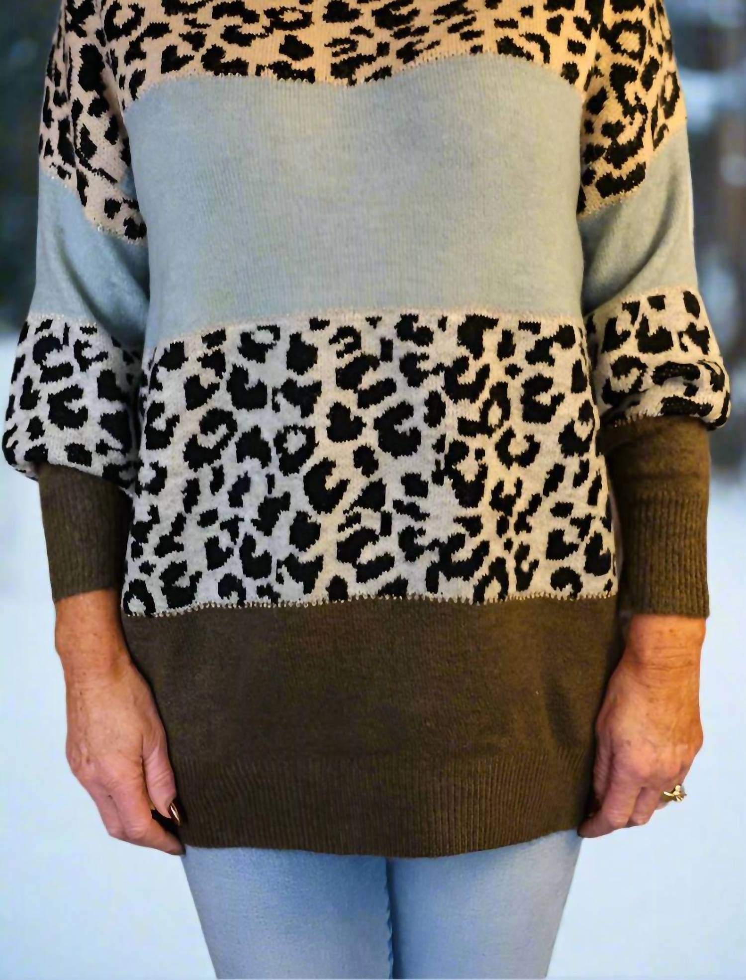 Look Mode Usa - Leopard Print Colorblock Sweater